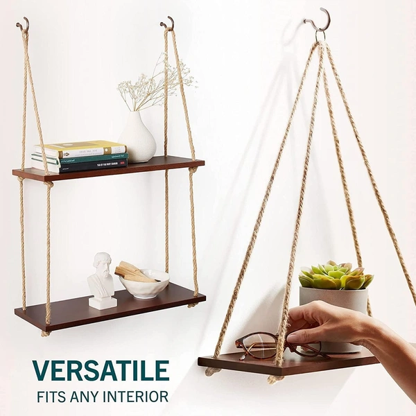 Hanging Shelves - Adjustable Rope Hanging Shelf, Wall Hanging Decor, Lightweight, Premium Wooden Shelf, Hanging Plant Shelf for Bedroom and Living Room (1 Pcs)