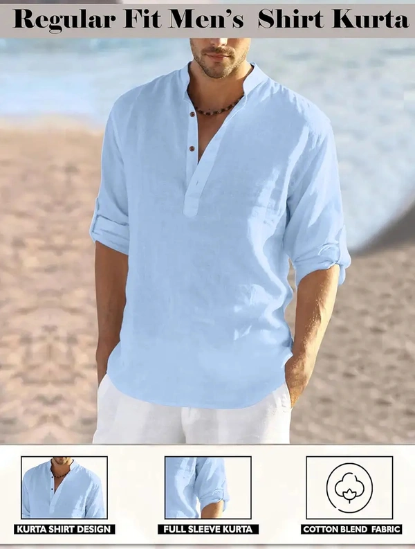 Men Solid Cotton Blend Full Sleeve Straight Kurta Shirt, Regular Fit Short Kurta Shirt for Men - M
