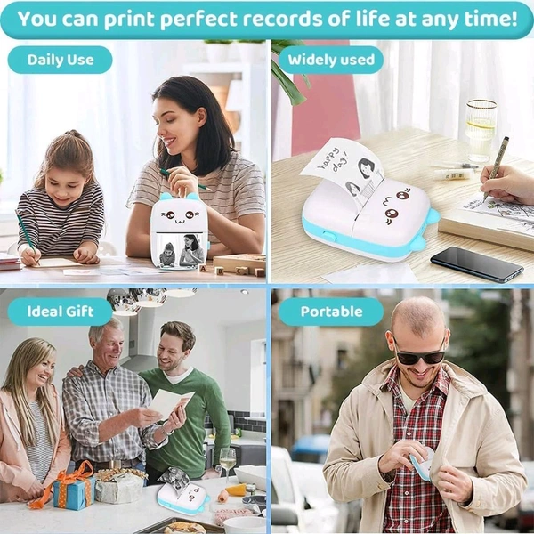 Mini Bluetooth Thermal Printer, Portable Label Printer Inkfree Printer for Android & iOS System, Black on White Thermal Printer with Roll of Print Paper, Stickers