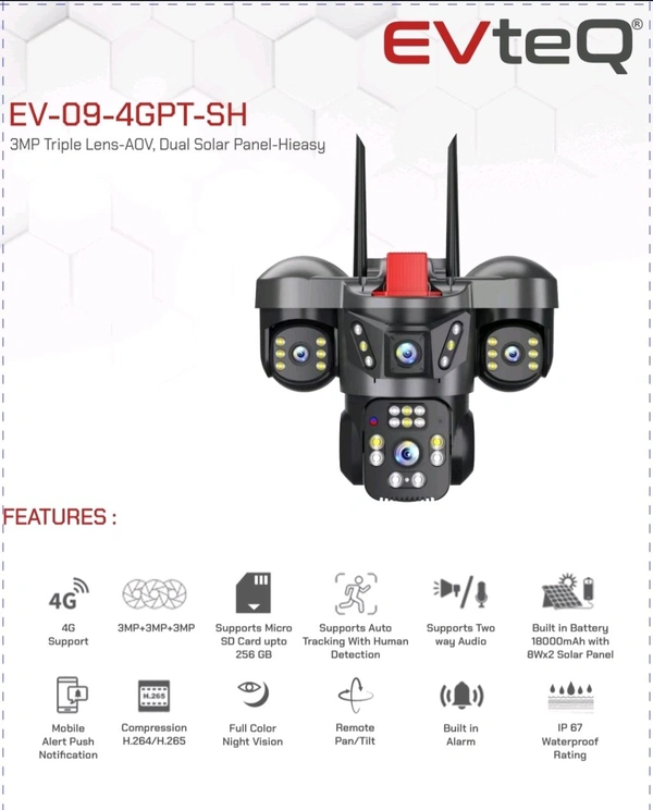 EVteQ 4G Solar Camera With 3 Lense And Dual Solar Panel || 3+3+3 MP || 18000mAh || Remote Pan And Tilt 