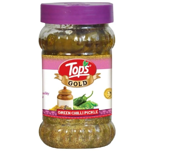 Tops Premium Pickle - Gold Green Chilli, Spicy Condiment, Accompaniment For Meals, 375 g Bottle