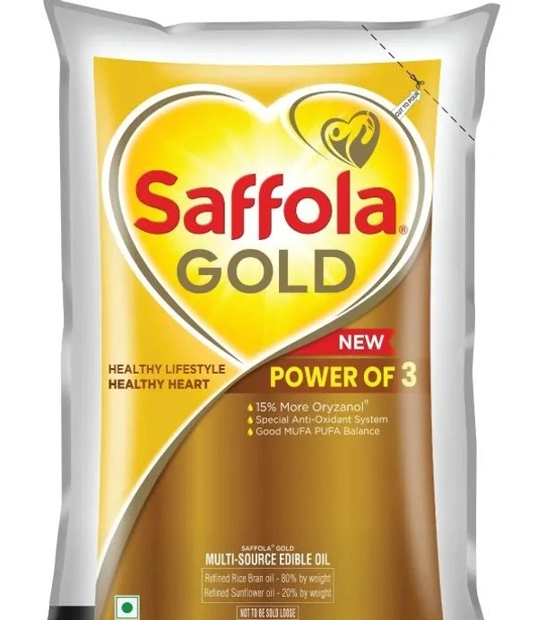 Saffola Gold Refined Cooking oil | Blended Rice Bran & Sunflower oil | Helps Keeps Heart Healthy, 1 L Pouch