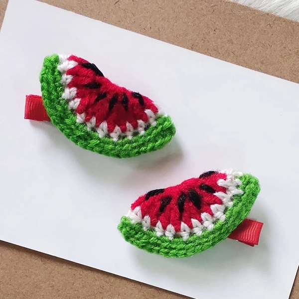 Watermelon Hair Clips Pair in Alligator Ribbon Wrapped Clips.  - Red Green, Small