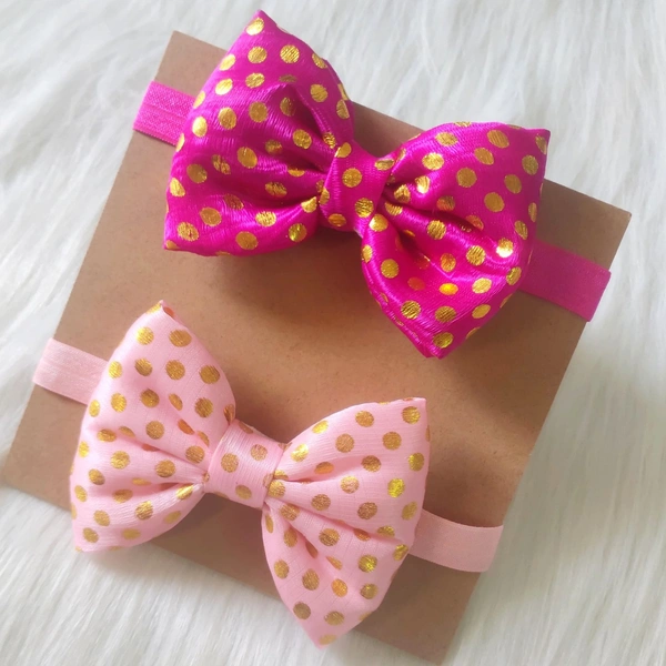 Golden Dotted Soft Bow Headbands Set Of 2 Headbands - Free Size, Dark Pink And Light Pink