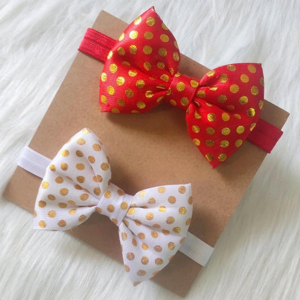 Golden Dotts Bow Headbands Set Of 2 - Red And White, Free Size