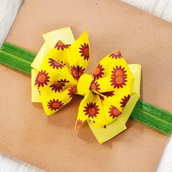 Sunflower Print Bow Headband  - Yellow, Free Size Stretchable