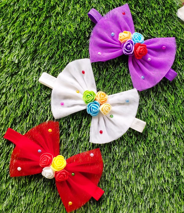 Tulle Bow Headbands Set of 3 - White *Violet *Red, Free Size Stretchable