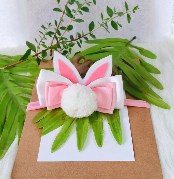 Rabbit Ears Bow Headband  - Pink white, Free Size Stretchable