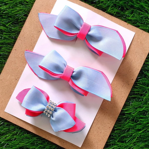 Hair Clips Set Of 3 - Sky Blue And Pink, Small