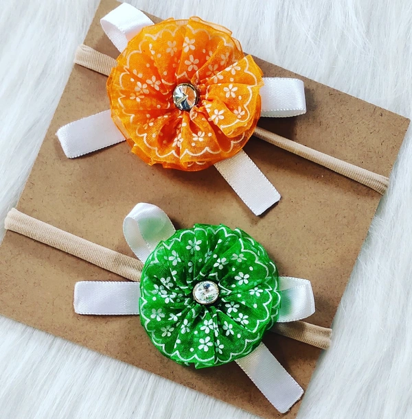 Floral Headbands Set (2 Headbands)  - Orange And Green, Free Size Stretchable Headband