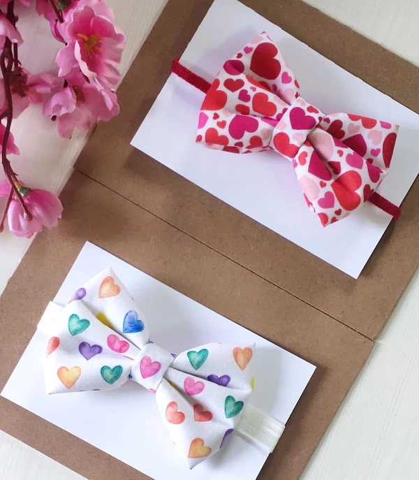 Heart Print Bow Headbands Set (2 Headbands)  - Multicoloured, Free Size Stretchable Soft