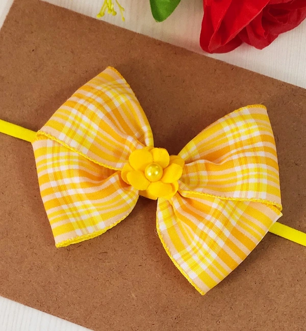 Checks Print Bow Headband  - Yellow Orange, Free Size Stretchable Headband