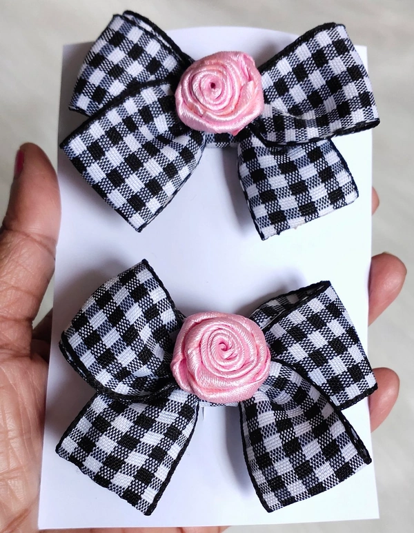 Hairclips Set/pair . Checks Design Bow with Pink Rose Flower.  - Small
