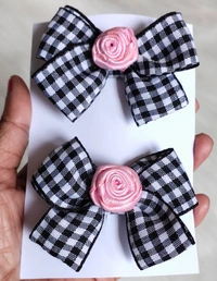 Hairclips Set/pair . Checks Design Bow with Pink Rose Flower.  - Small