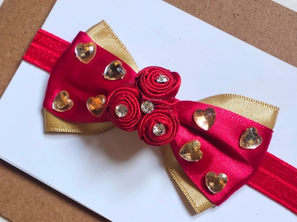 Red and Golden Bow Headband With Golden Colour Little Hearts Embellishment.  - Stretchable.