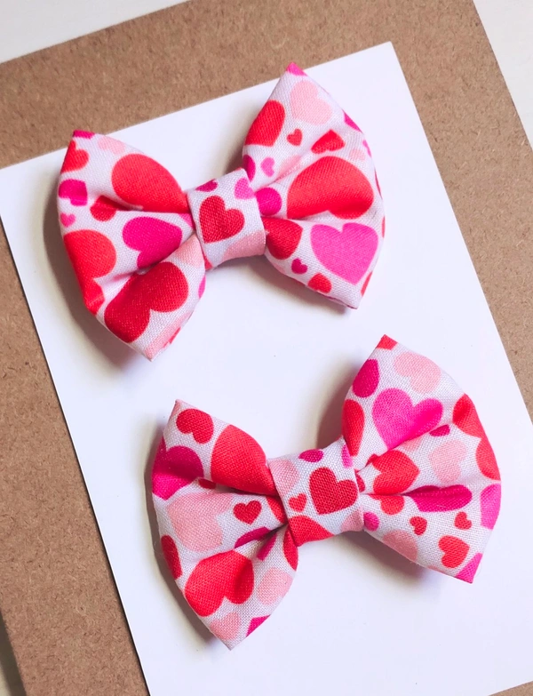 Heart Print Small Bow Hairclips Pair - Small Size Bow Clips