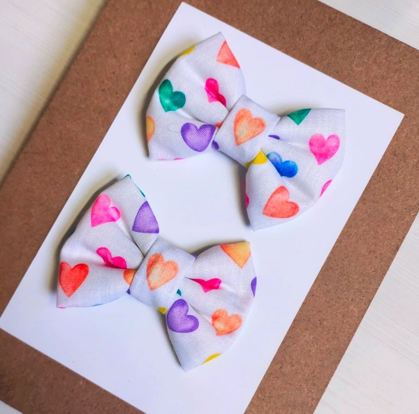 Heart Print Small Bow Hairclips Pair/set Of two - Small Size Bow Clips