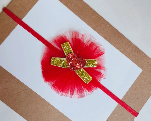 Red Colour Heart Embellished Bow - Free Size Stretchable Headband