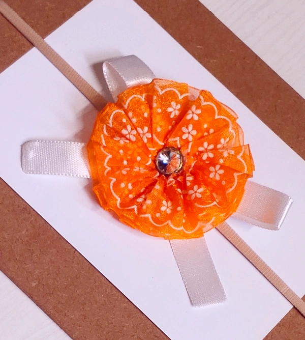 Orange colour Floral Headband Attached on Nude Color Headband.  - Stretchable Headband