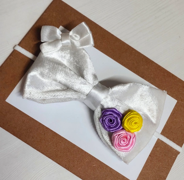 Cloud White Velvet Bow Embellished With Flowers  - Stretchable Headband