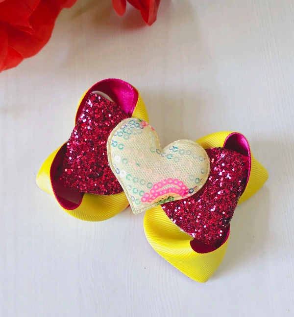 Sequence Heart Embellished Boutique Bow Hair Clip - Medium Size Hair Clip