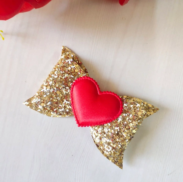Glitter Golden Bow With Heart Embellishment.  - Medium Size Alligator Clip