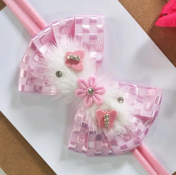 Pink Baby Headband Embellished With Soft Fur Artificial Feathers, Flower And Tiny Butterflies.  - Stretchable Headband