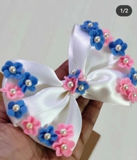 White Colour flower Embellished Bow Clip - Medium Size Alligator Clip
