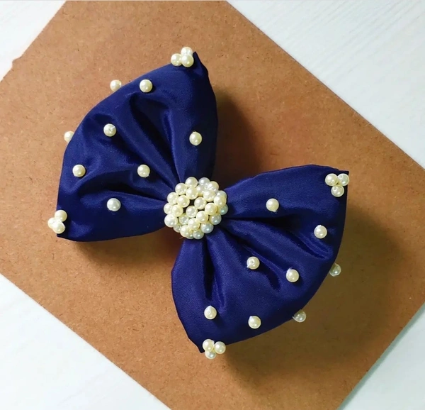 Pearl Embellished Navy Blue Color Fabric Bow Hair Clip - Medium Size Alligator Clip