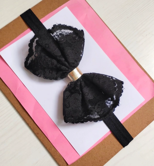 Black Colour Lace Bow with Black Headband  - Stretchable Free Size