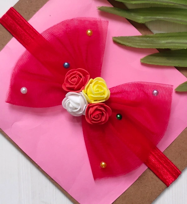 Red color Net Fabric Bow Headband  - Stretchable Headband