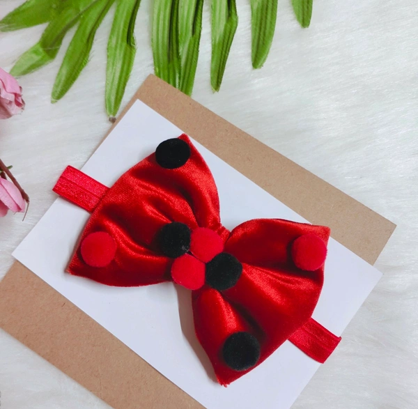 Soft Velvet Bow Moroon Colour Headband with Pompom Embellishment. - Stretchable Headband