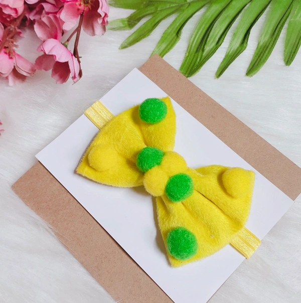 Soft Yellow Velvet Bow Headband With Small Pompoms.  - Stretchable Headband