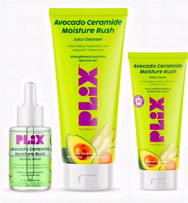 The Plant Fix Plix  Barrier Repair Kit With Avacado Caremide Moisture Rush Serum, Cleanser & Cream ( 3 Items in the set )