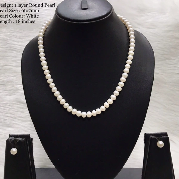 1 Layer Round Pearl Mala  - 18 Inches, White, 6-7 MM