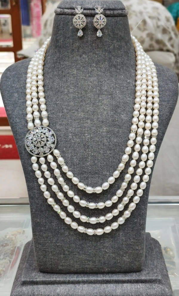 4 Layers Side Broach Pearl Necklace  - 20 Inches, 4 MM, White