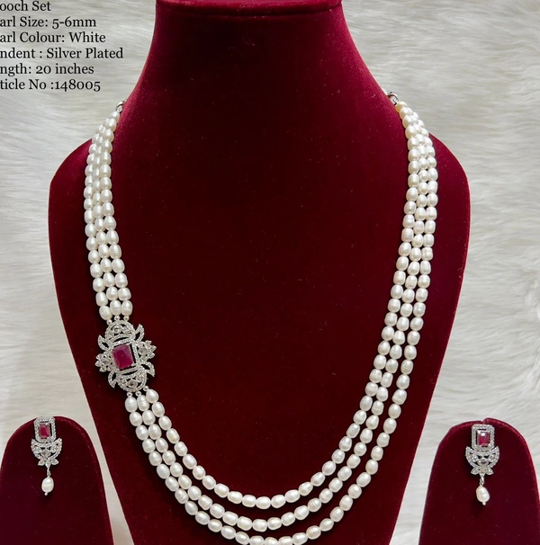 3 Layer Oval Pearl Necklace PN-123 - Red, 20 Inches, White
