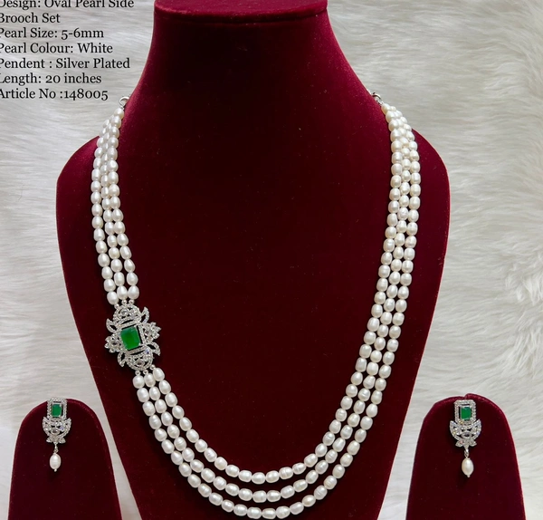 3 Layer Oval Pearl Necklace PN-123 - Green, 20 Inches, White