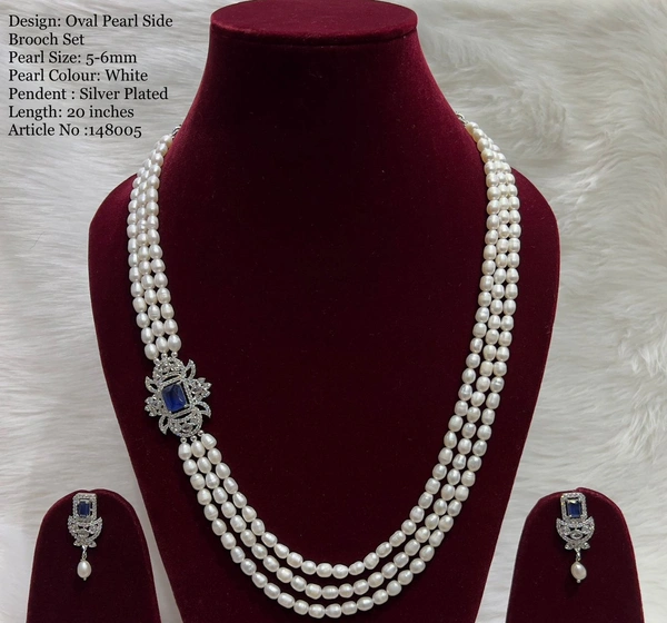 3 Layer Oval Pearl Necklace PN-123 - Blue, 20 Inches, White