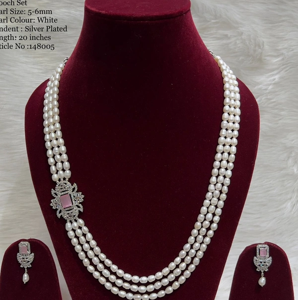 3 Layer Oval Pearl Necklace PN-123 - Pink Lace, 20 Inches, White