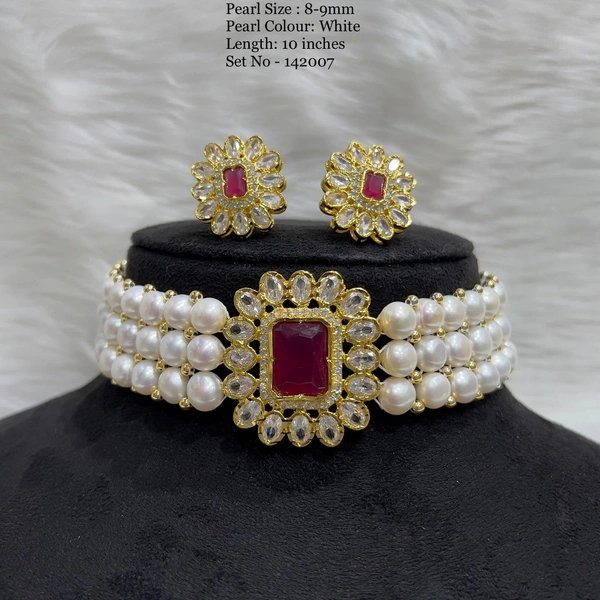 3 Layers Button Choker - PN131 - Red, 10 Inches, 8-9 MM