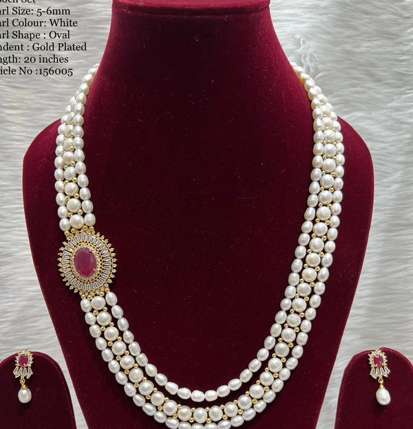 3 Layer Side Pendant Gold Plate Necklace - PN230 - Red, 20 Inches, White