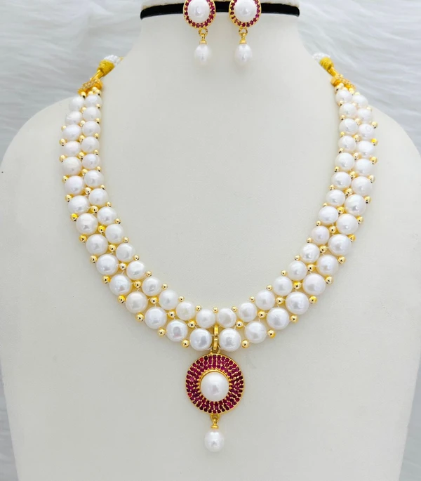 2 Layer Button Pearl Necklace Set - PN303