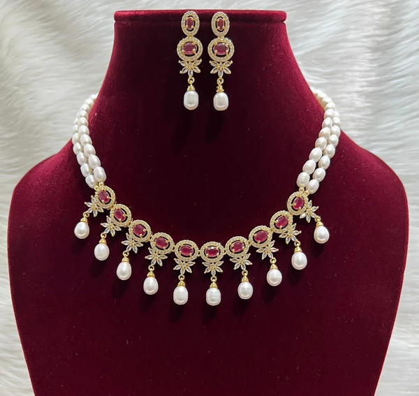 2 Layer Drop Necklace - PN313 - Red, 18 Inches, 4-5 MM