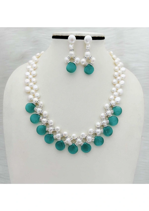 Zig Zag Button Pearl Necklace - PN324 - 18 Inches, Snowy Mint, 5-6 MM