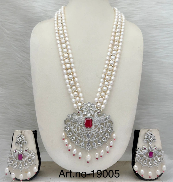 Pearl Necklace Set - PN113 - 18 Inches, White, Red