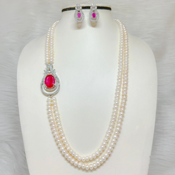 Pearl Necklace Set - PN115 - White, 18 Inches, Red