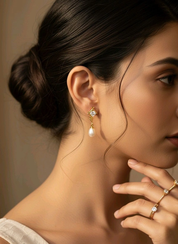 Pearl Earring - PE116 - Golden, White, 4 MM