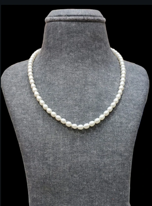 1 Layer Oval Pearl Mala  - 18 Inches, White, 4 MM