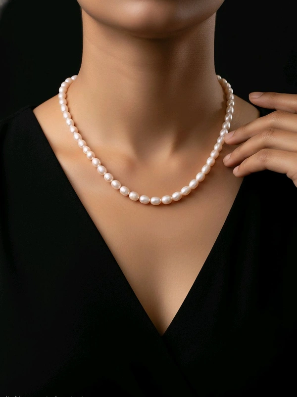1 Layer Oval Pearl Mala - PM 931 - 18 Inches, White, 4 MM
